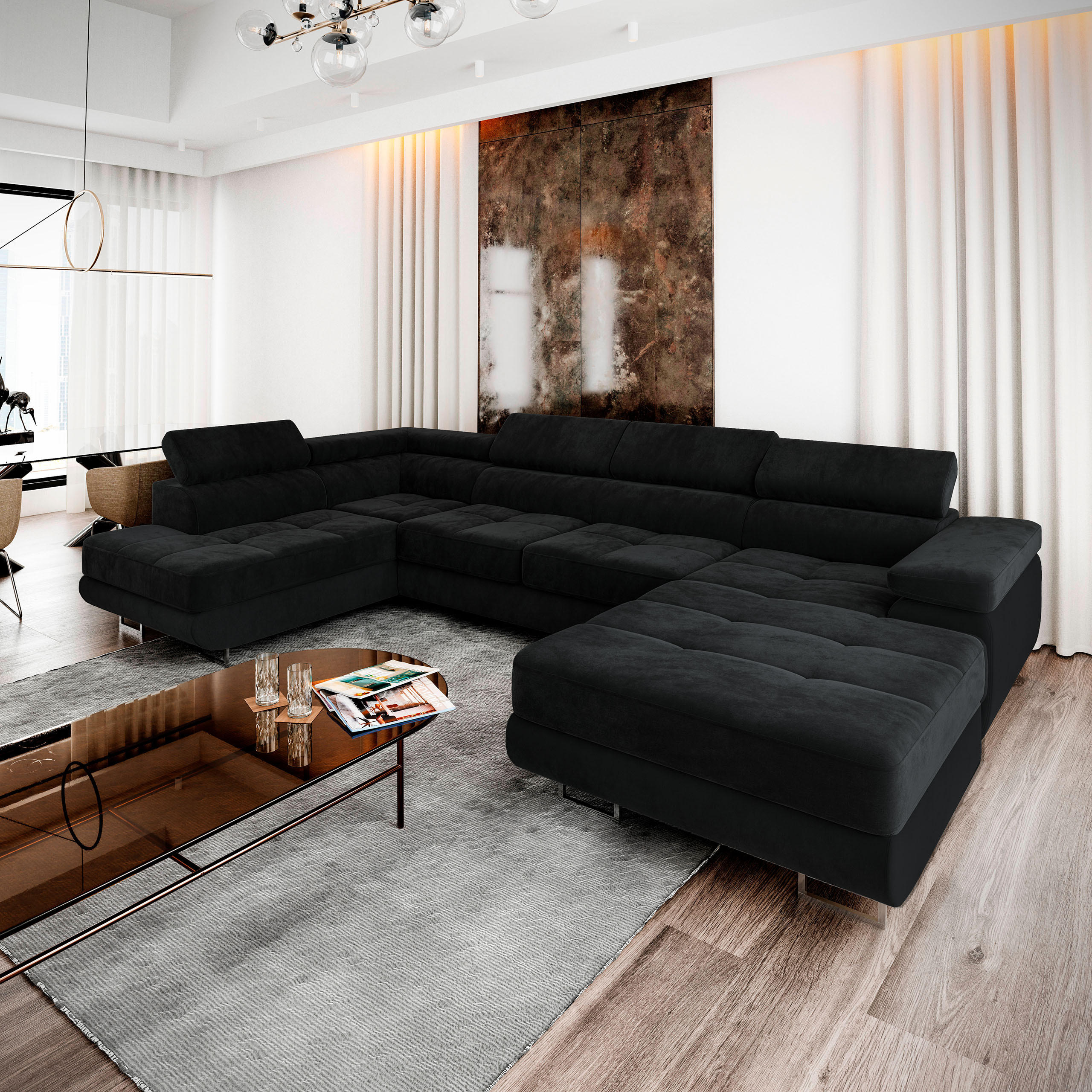 WOHNLANDSCHAFT CASONE L-S Schwarz Velours-Stoff mit Schlaffunktion - Schwarz, Holz (345/90/202cm) - MASSENO