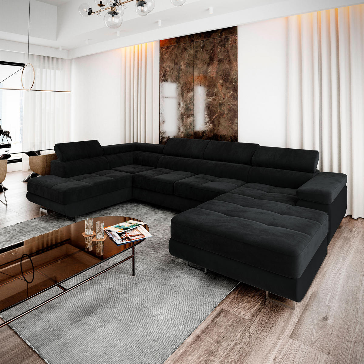 WOHNLANDSCHAFT CASONE L-S Schwarz Velours-Stoff mit Schlaffunktion - Schwarz, Holz (345/90/202cm) - MASSENO