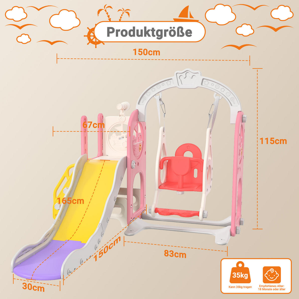 6-IN-1 RUTSCHE Kinder Rosa Mit Klettergerüst, Schaukel & Teleskop - Rosa, Holz (150/115/150cm)