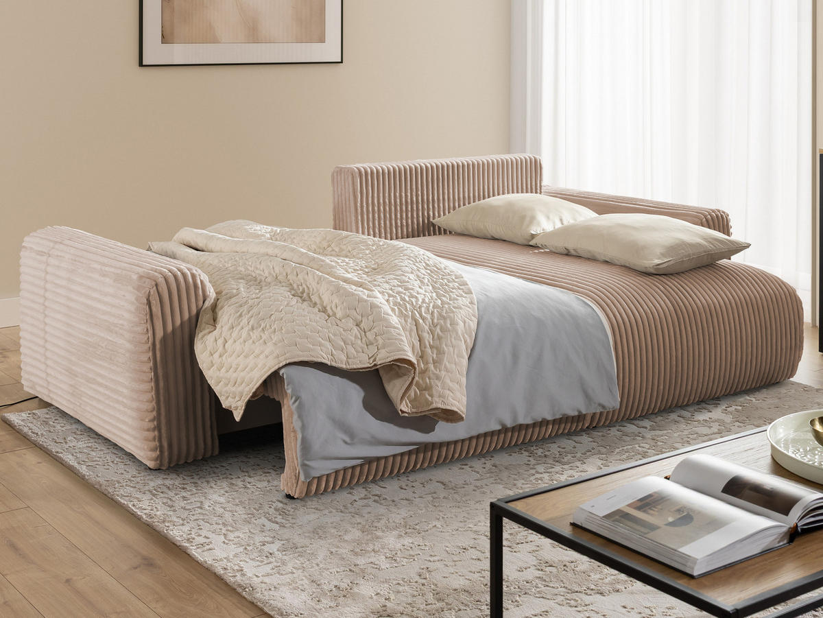 ECKSOFA Calma mit Schlaffunktion und Bettkasten im Bumpy-Design aus weichem Beige Plüschcord - Ottomane rechts - Beige/Schwarz, Holz/Kunststoff (140/239cm) - S-Style