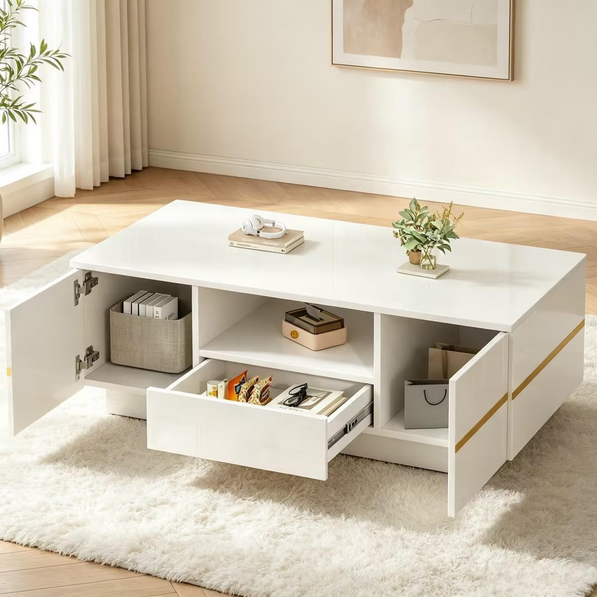 COUCHTISCH mit LED Weiß/Gold 100/50/35,5 cm 2 Türen - Weiß, Holzwerkstoff (100/50/35.5cm)
