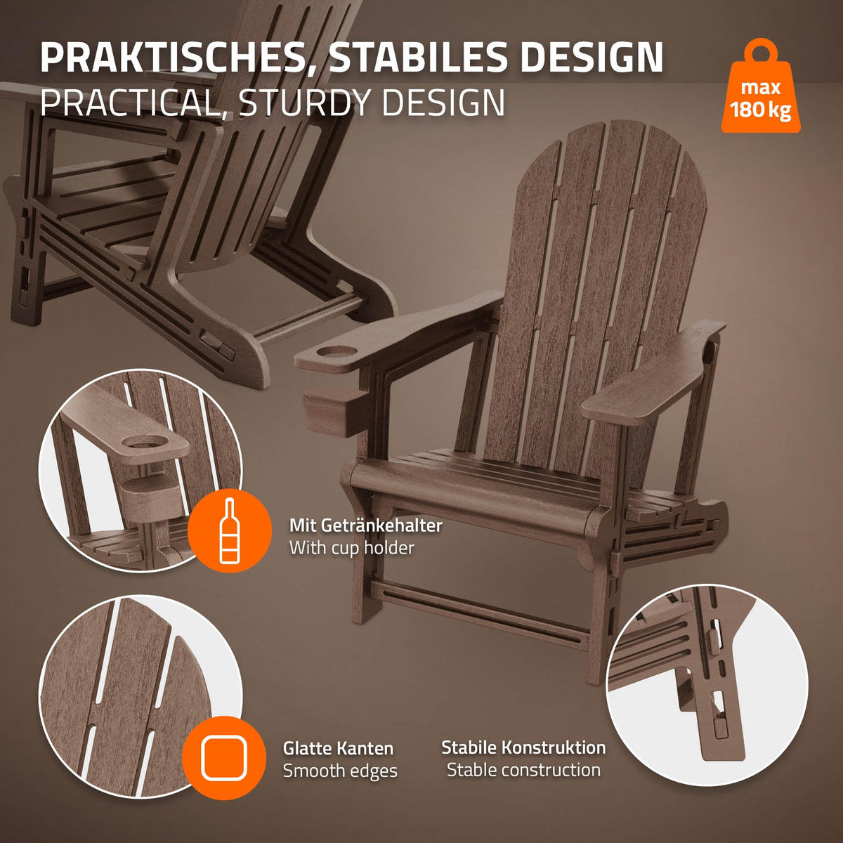 ADIRONDACK LEŽÁK s držákem na nápoje, hnědý, z plastu - hnědá, plast (54.5/91/76cm) - ML-DESIGN