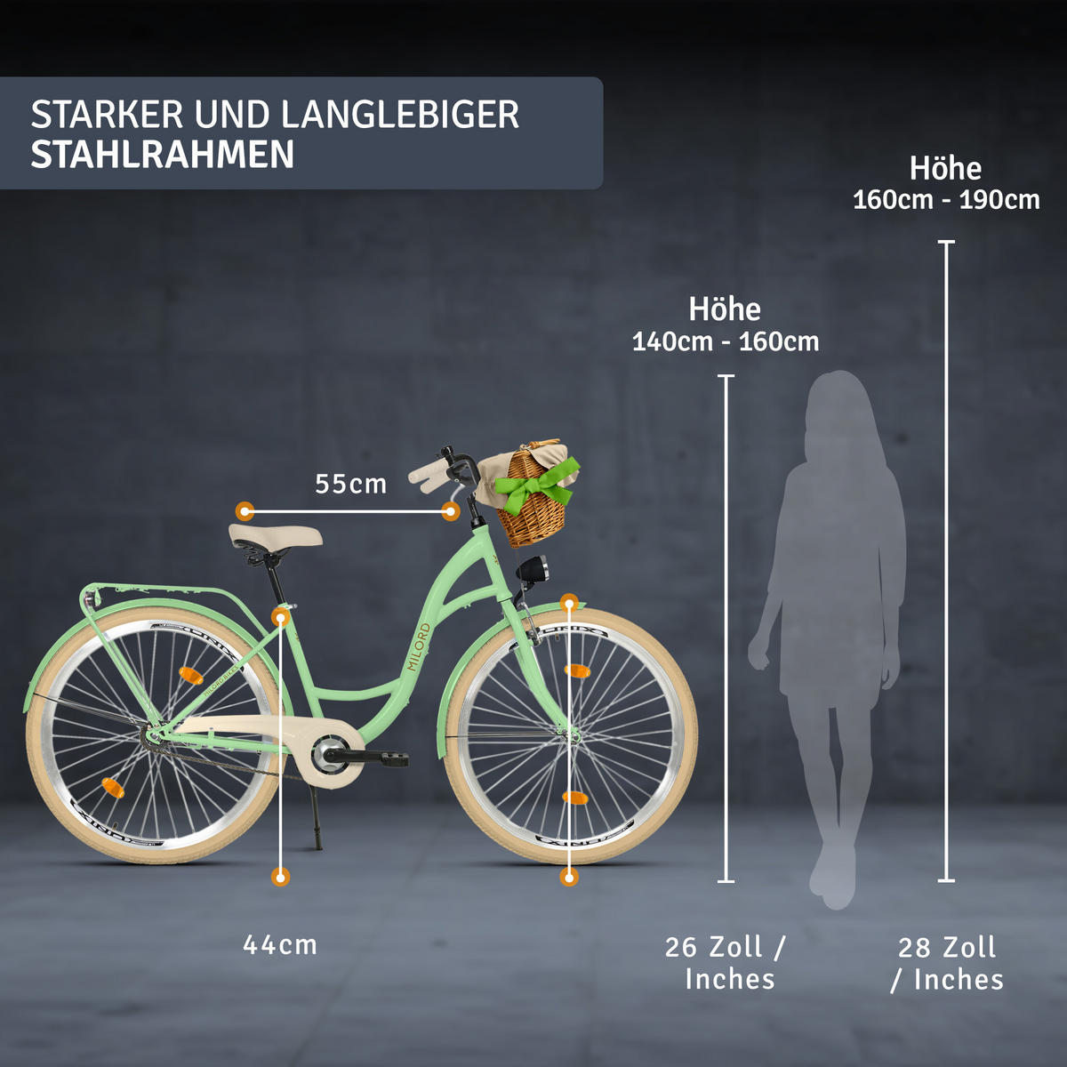 CITY-FAHRRAD Milord mit Weidenkorb, 28 Zoll, Mintze, 1-Gang - Creme/Grün, Metall (46cm) - Milordbikes