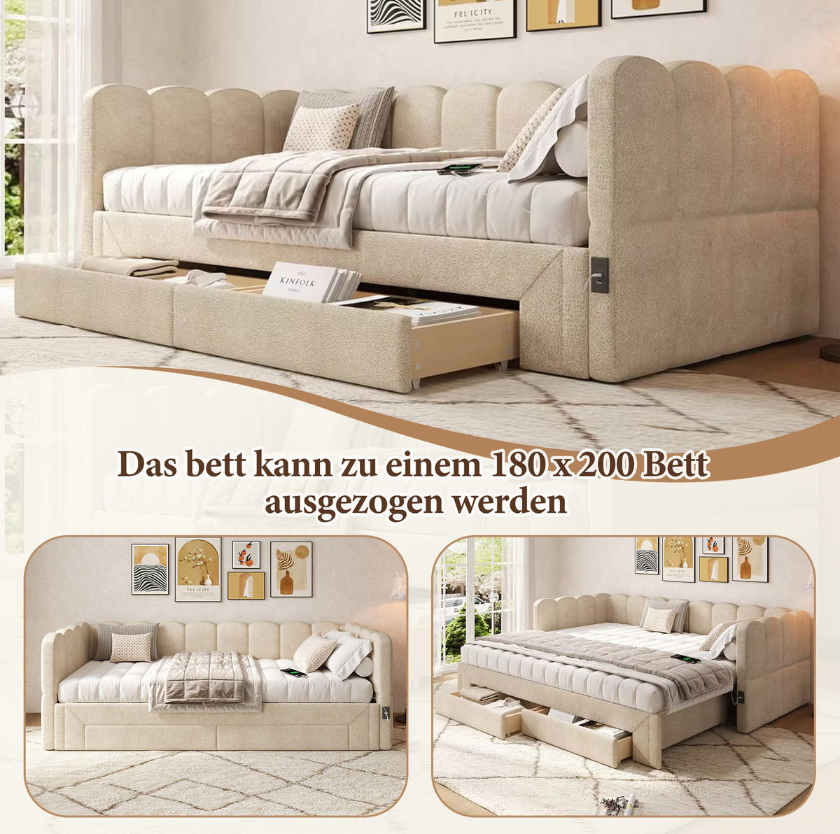 POLSTERBETT 90/180x200 cm Beige aus Chenille mit 2 Schubladen und USB - Beige, Textil (90/200cm) - Flora Grace