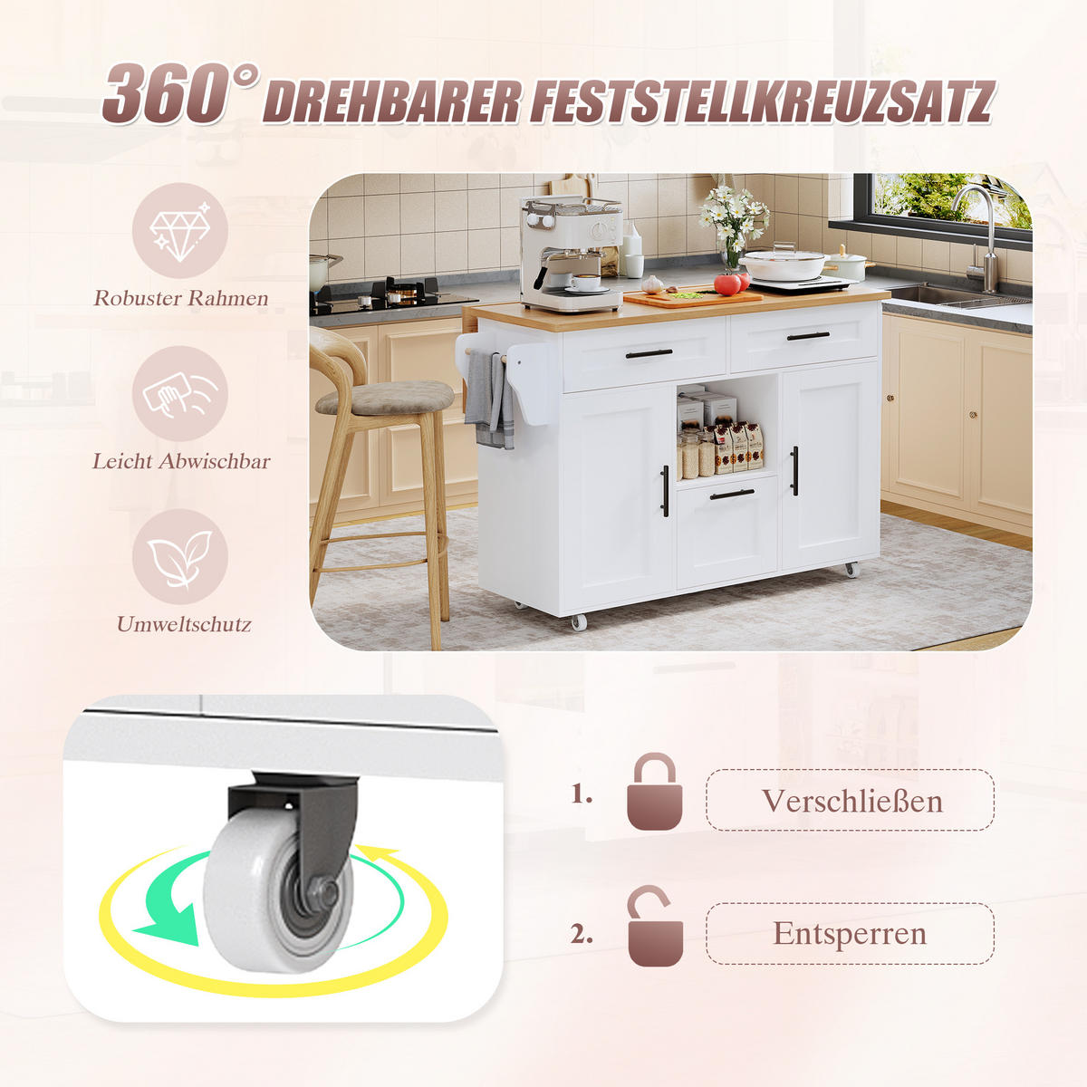 KÜCHENINSEL 120/71/90 cm Weiß aus Holzwerkstoff mit Rollen - Weiß, Holzwerkstoff (120/90/71cm) - OKWISH