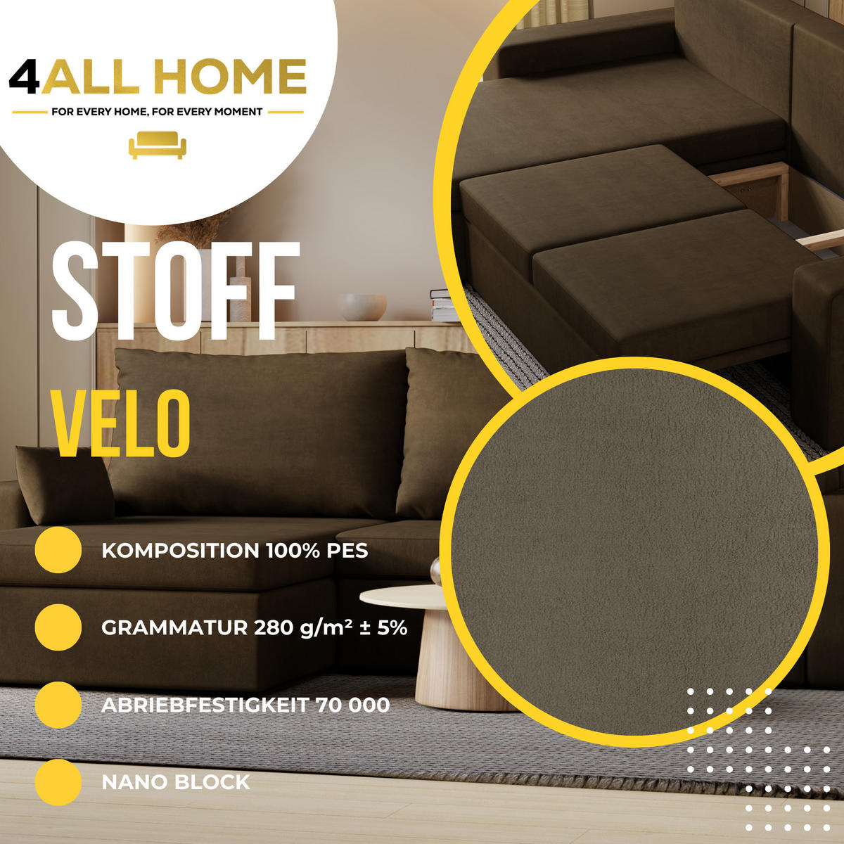 ECKSOFA Paco mit Bettkasten und Schlaffunktion, L-Form/XL-Form, Velourstoff, Universal - Braun, Holzwerkstoff (276/145cm) - 4ALL HOME