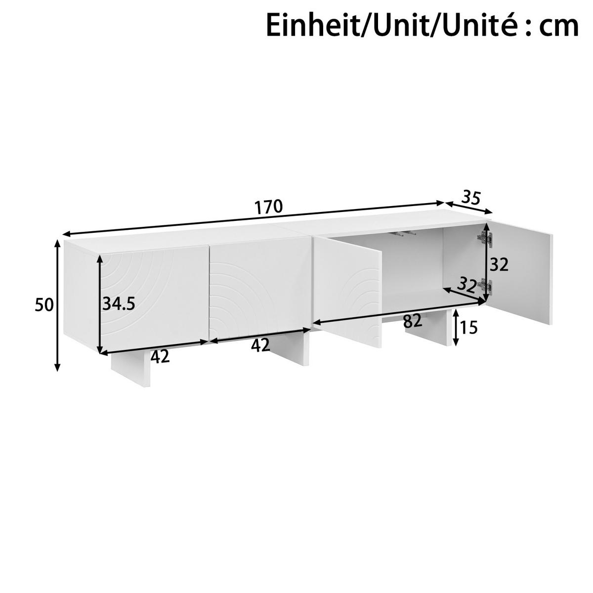 TV-LOWBOARD 170 x 35 x 50 cm, 4 Türen, geometrische Relieffront, Mittelfach, Weiß - Weiß, Holzwerkstoff (170/50/35cm)