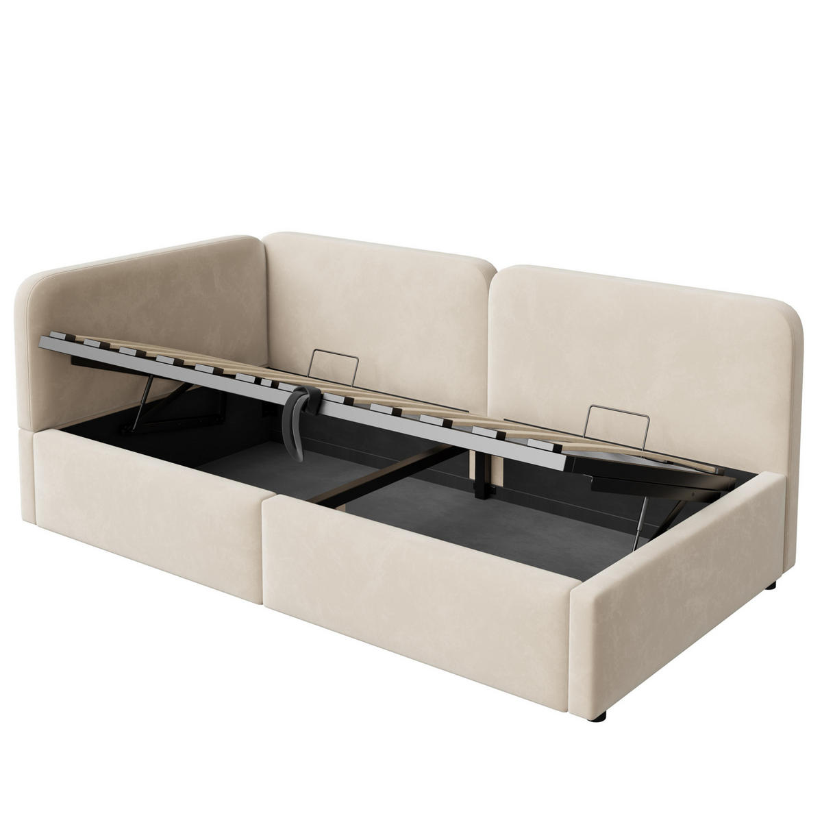 90 x 200 cm Samt-Schlafsofa mit hydraulischem Stauraum, hohem Kopfteil, austauschbarer Rückenlehne, platzsparendes Bett , Beige - Beige, Textil/Metall (90/200cm) - Modenvie