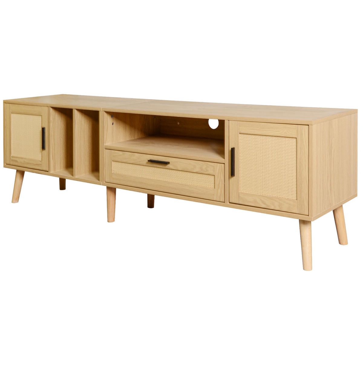 TV-LOWBOARD aus Spanplatte 180x40x54 cm Eichefarben mit 2 Türen, 1 Schublade, Kabelmanagement und Rattan-Dekor - Eichefarben, Holzwerkstoff (180/54/40cm) - Modfu