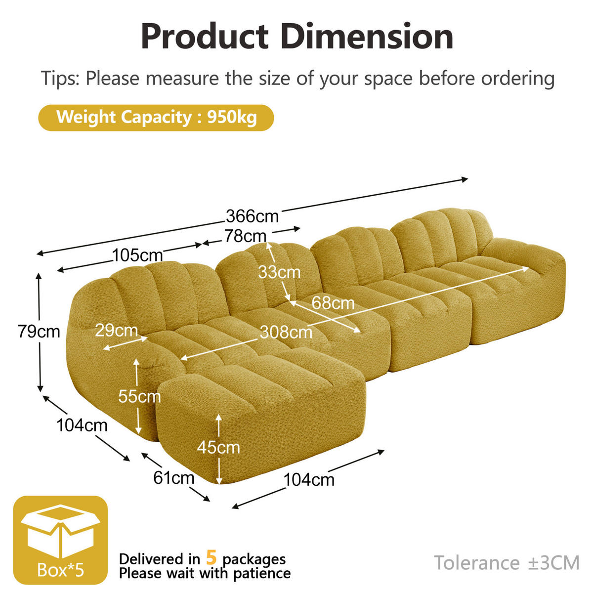 ECKSOFA 366/165/79 modular gelb aus granuliertem Fleece mit Ottoman - Gelb, Textil (165/366cm) - OKWISH