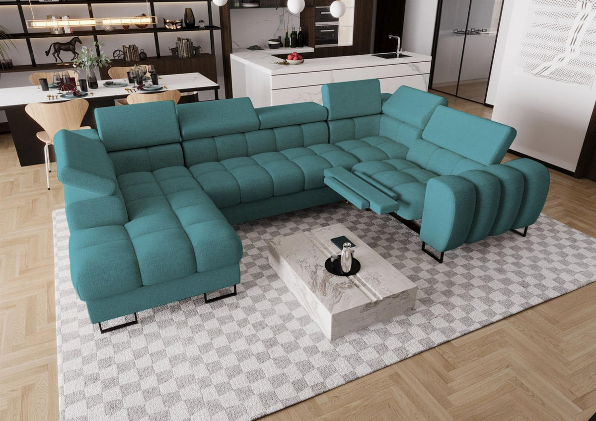 WOHNLANDSCHAFT Bastien Relax - Blau, Holzwerkstoff/Textil (198/95/350cm) - Fun Möbel
