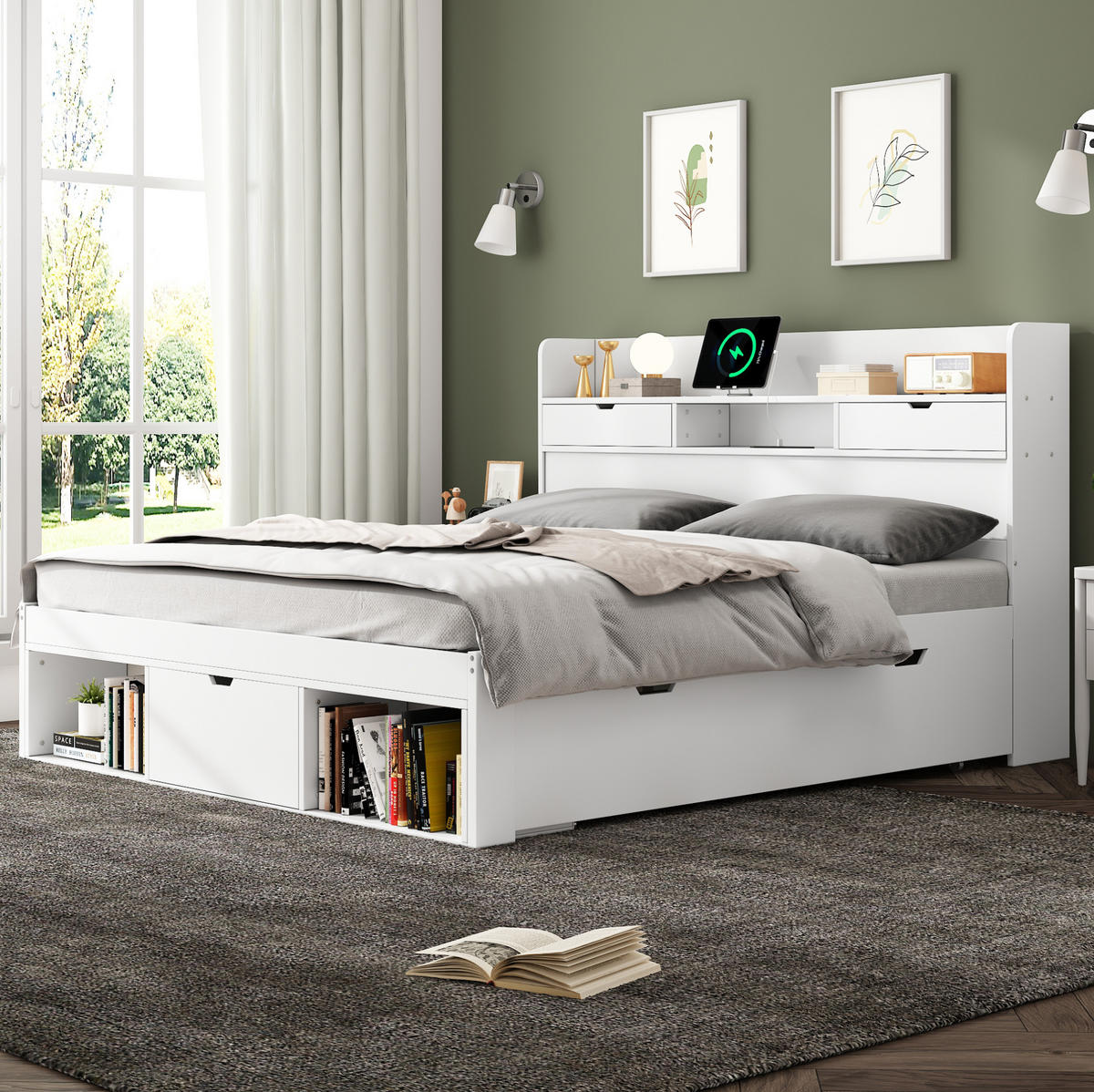 ČALÚNENÁ posteľ 160/200 cm borovica/MDF biela, s USB-C a veľkým úložným priestorom - biela, kompozitné drevo (160/200cm) - BEAOK