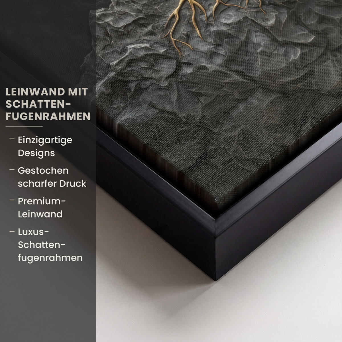 LEINWAND Bilder mit Rahmen - Blätter - Gold - Baum - Fels - 20x30 - Schwarz, Textil (20/30cm) - MuchoWow