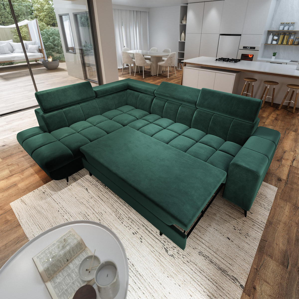 ECKSOFA MORIVA L-S Grün Velours-Stoff mit Schlaffunktion - Grün, Holz (253/190cm) - MASSENO