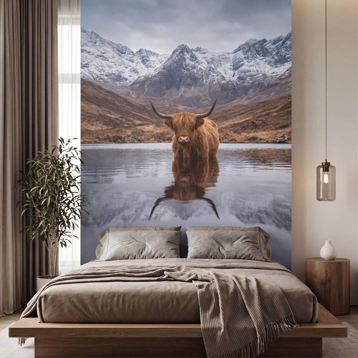 TAPETE - Schottischer Hochländer - Braun - Wasser - 180x280 cm - Braun, Papier (180/280cm) - OnlyWow