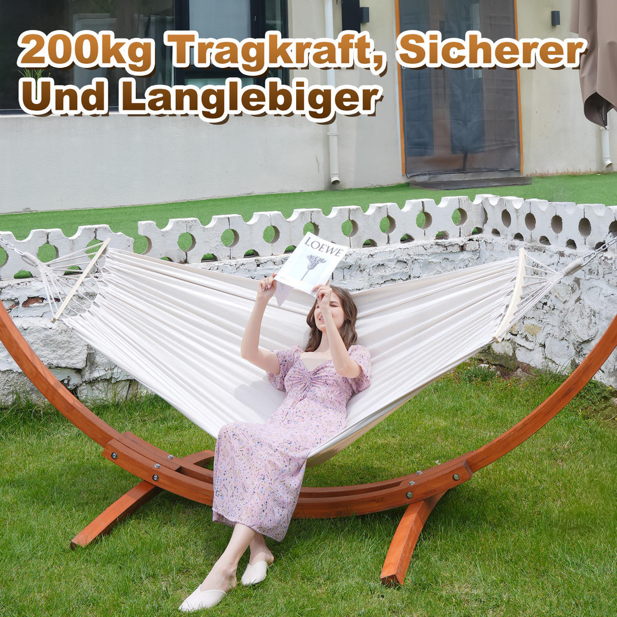 HÄNGEMATTE mit Gestell, 320x120x120 cm - Beige, Holz (120/120/320cm) - HOMAVO