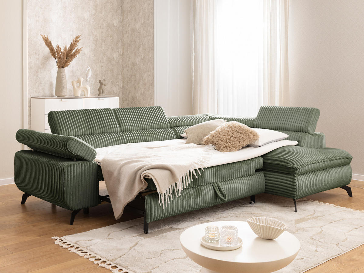 ECKSOFA mit Schlaffunktion und Bettkasten Bonnie aus Olive Cord-Stoff mit verstellbaren Kopfstützen und Armlehne - Ottomane rechts - Schwarz/Hellgrün, Holz/Textil (275/210cm) - S-Style Möbel