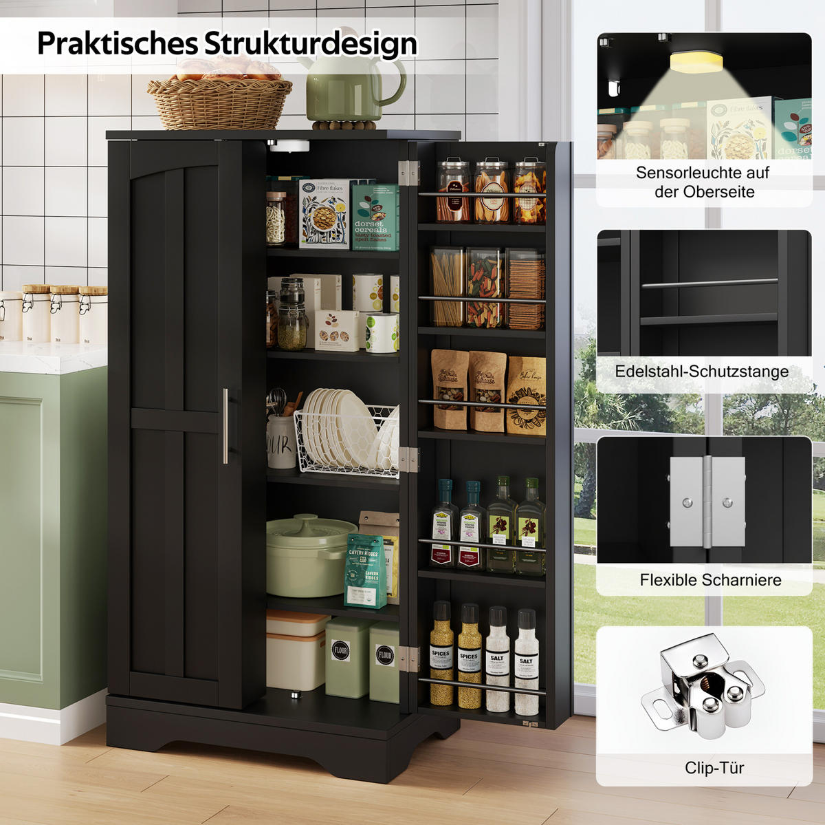 HOCHSCHRANK aus MDF 120x60x40 cm Schwarz mit LED-Sensorlicht und verstellbarem Regal - Schwarz, Holzwerkstoff (40/120/60cm) - IVMEU