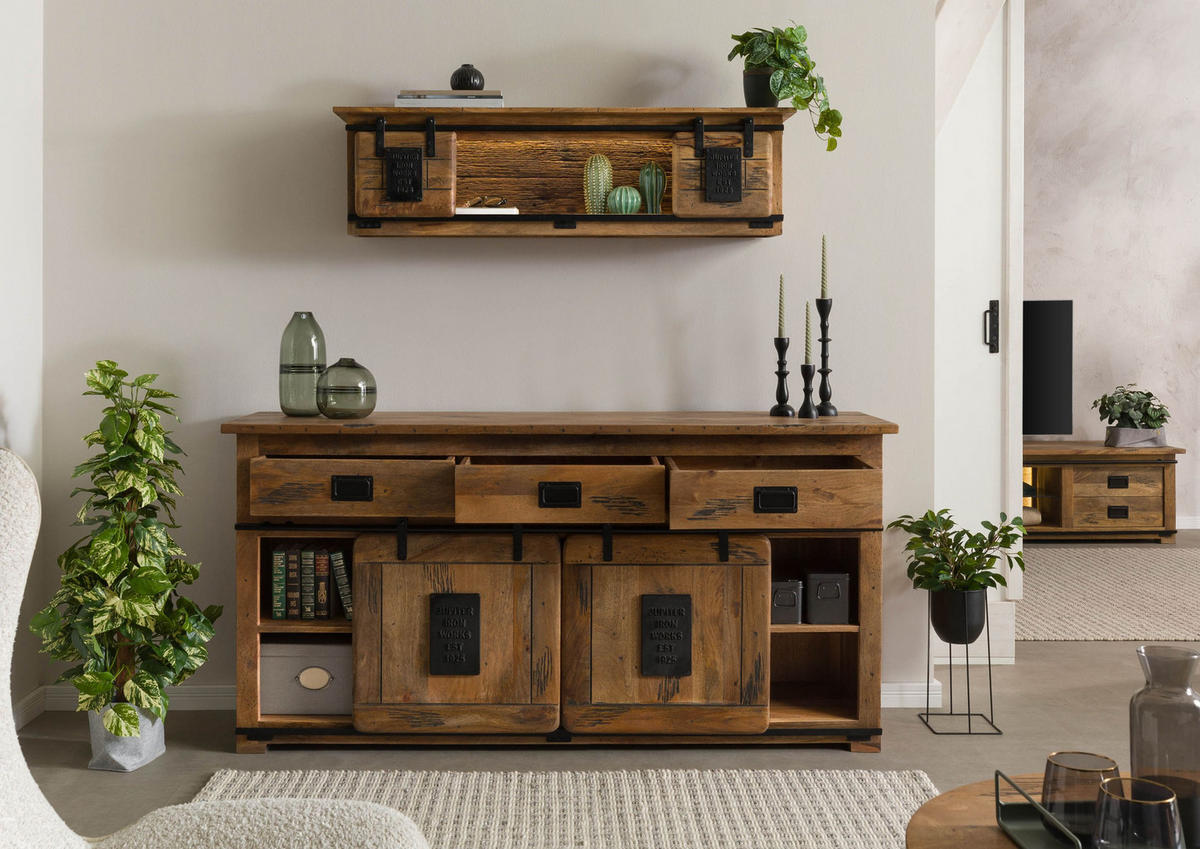 SIDEBOARD Mango / Altholz 180x45x90 natur lackiert RAILWAY LUX #102 - Braun, Holz (180/90/45cm) - Massivmoebel24