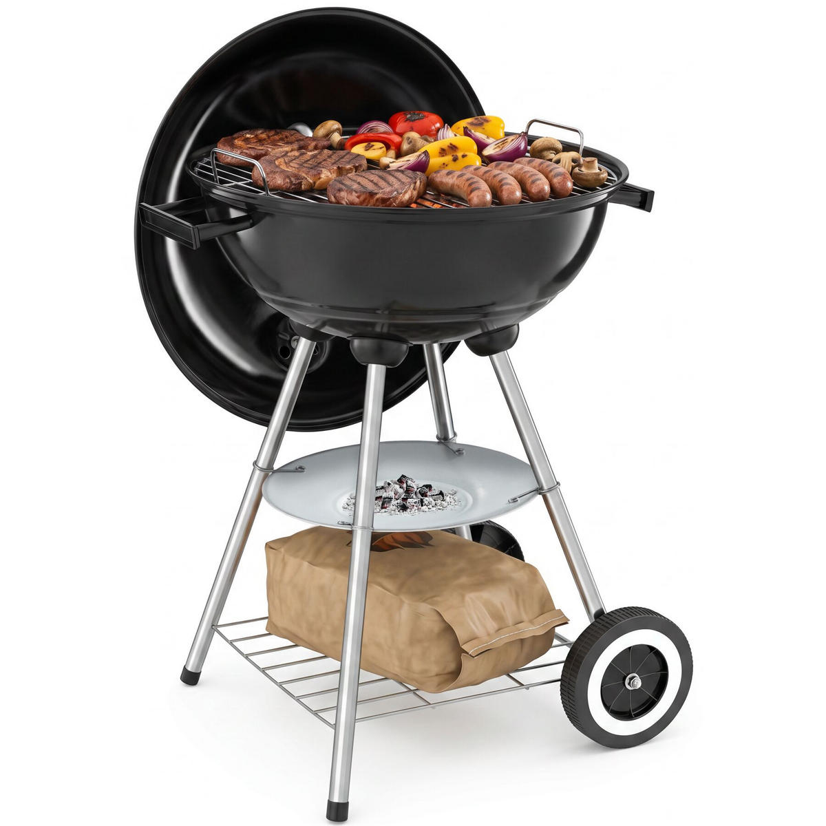 KUGELGRILL , Ø Rost 41,5 cm, schwarz/silber - Silberfarben/Schwarz, Metall (41.5/75cm) - tectake