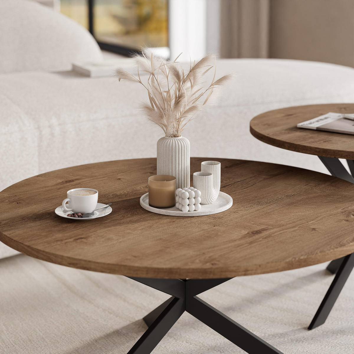 COUCHTISCH rund auf MDF, Lefkas Eiche - Schwarz/Braun, Holzwerkstoff (75/75/36cm) - Idohome