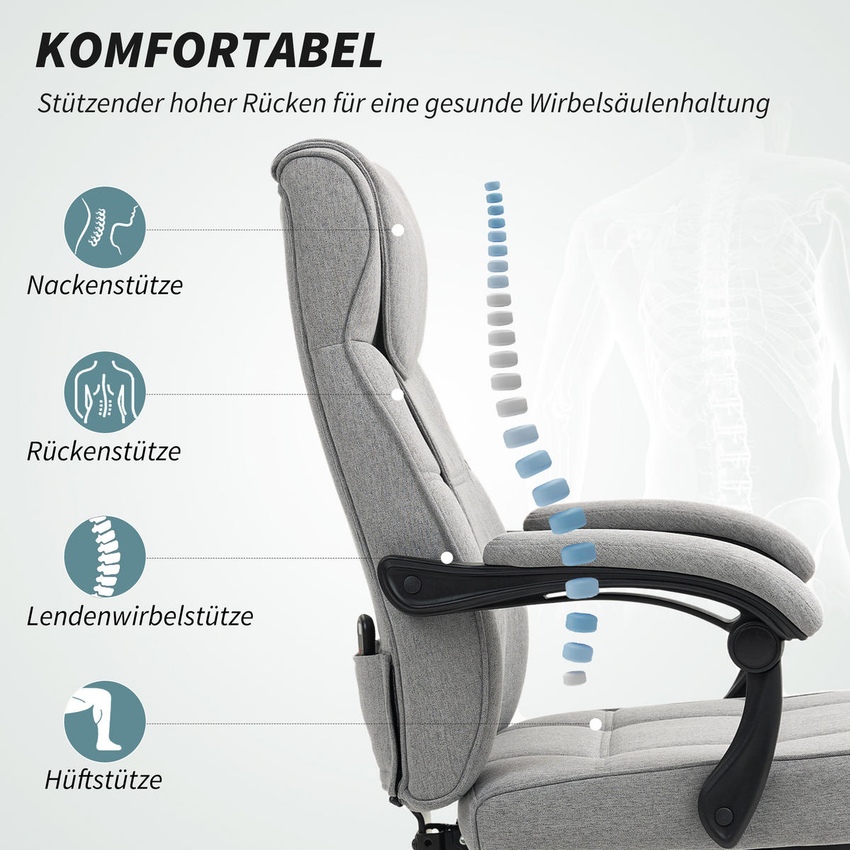 BÜROSTUHL mit Massagefunktion Ergonomischer Chefsessel Grau - Grau, Kunststoff (70/117/65cm) - HOMCOM