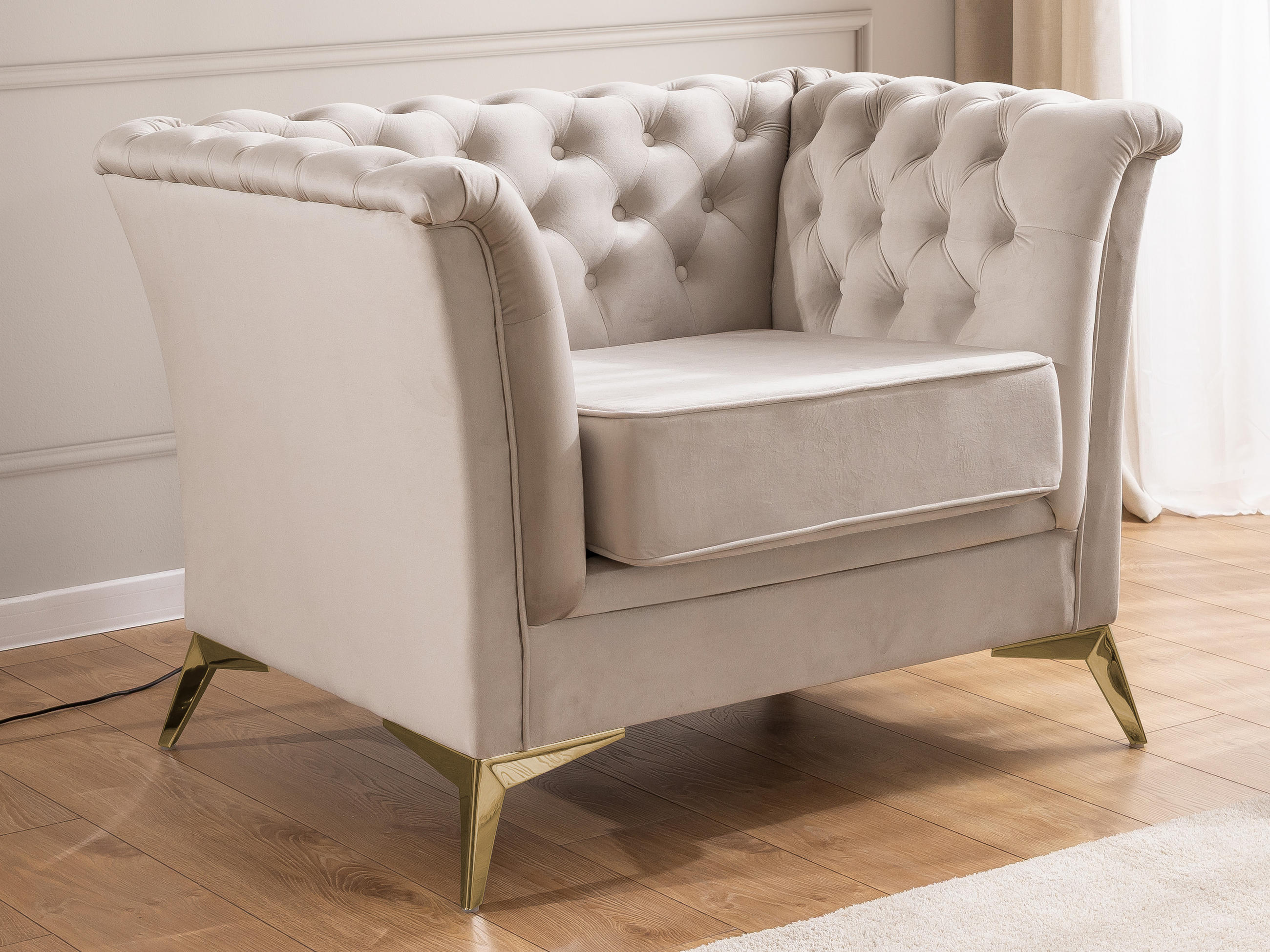 CHESTERFIELD-SESSEL Whitby Beige Samt mit goldenen Füßen - Beige/Goldfarben, Holz/Textil (116/78/82cm) - S-Style Möbel