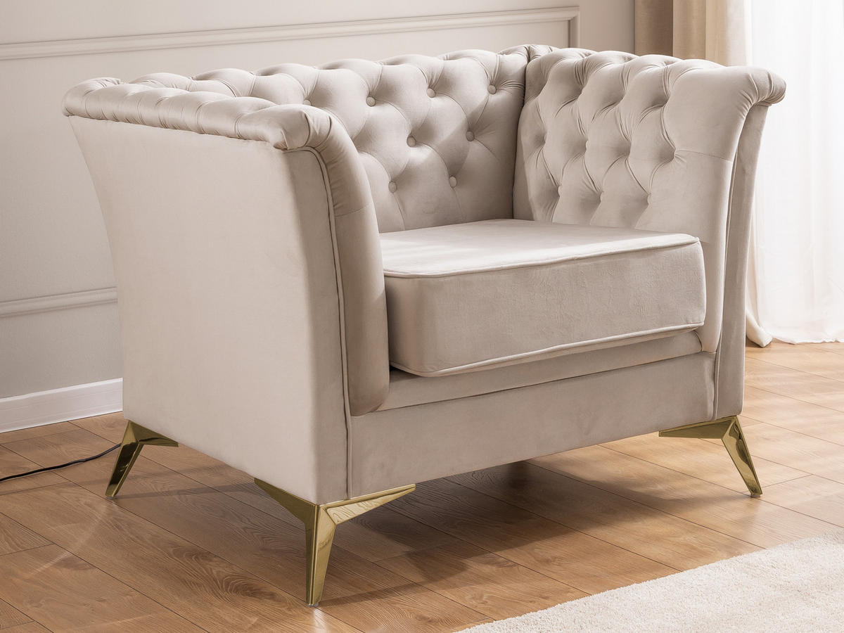 CHESTERFIELD-SESSEL Whitby Beige Samt mit goldenen Füßen - Beige/Goldfarben, Holz/Textil (116/78/82cm) - S-Style Möbel