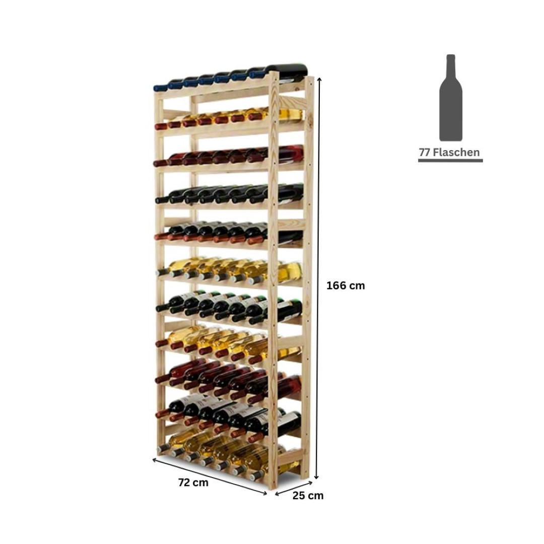 WEINREGAL Pinotwine 166x72x25 cm 77 Flaschen Massives Kiefernholz Natur Unbehandelt - Naturfarben, Holz (72/166/25cm) - PROREGAL