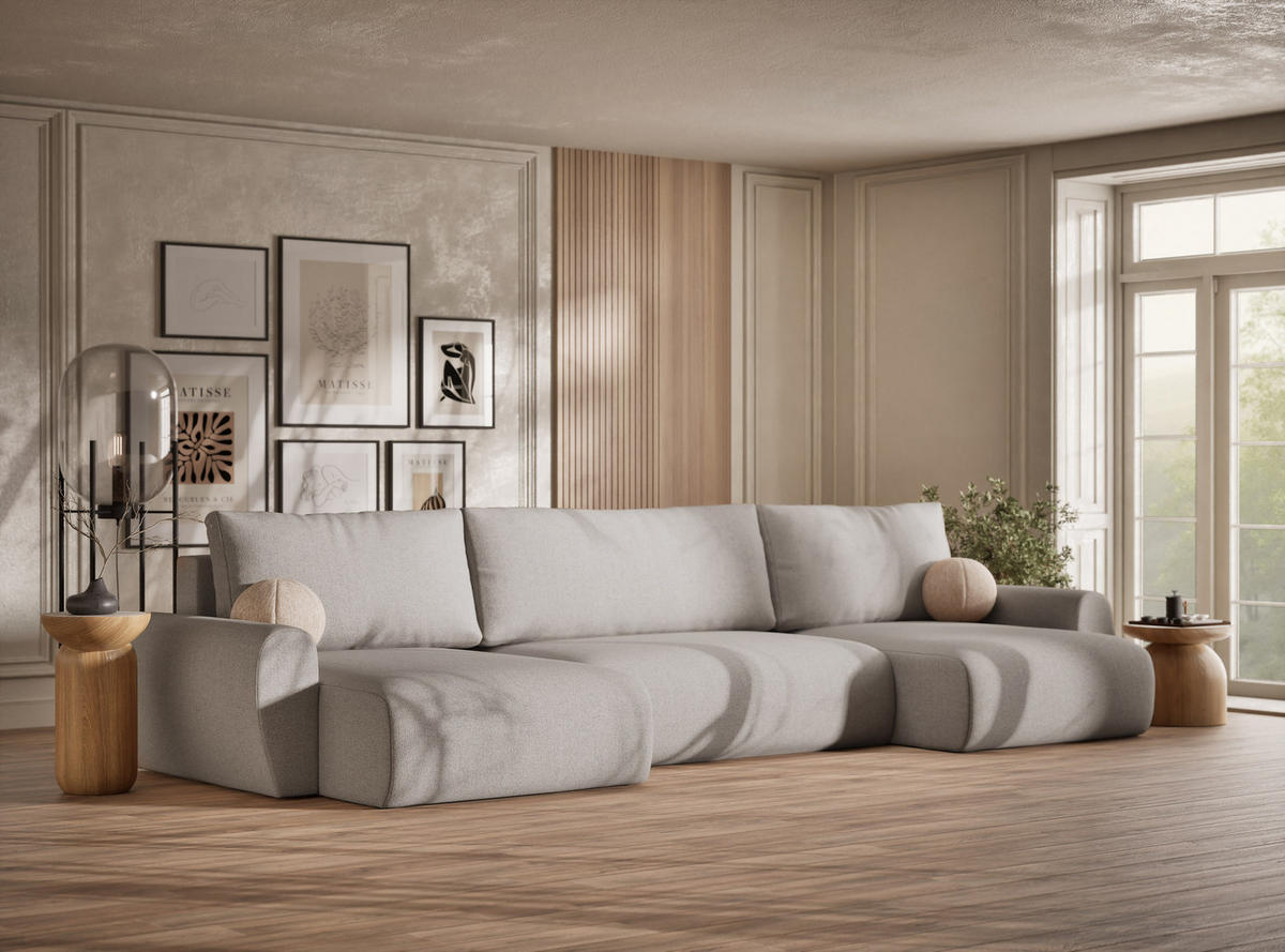 WOHNLANDSCHAFT MIT SCHLAFFUNKTION Zaya Seidengrau Webstoff - Beige/Schwarz, Holz/Holzwerkstoff (397/70/153cm) - Maison de Reve