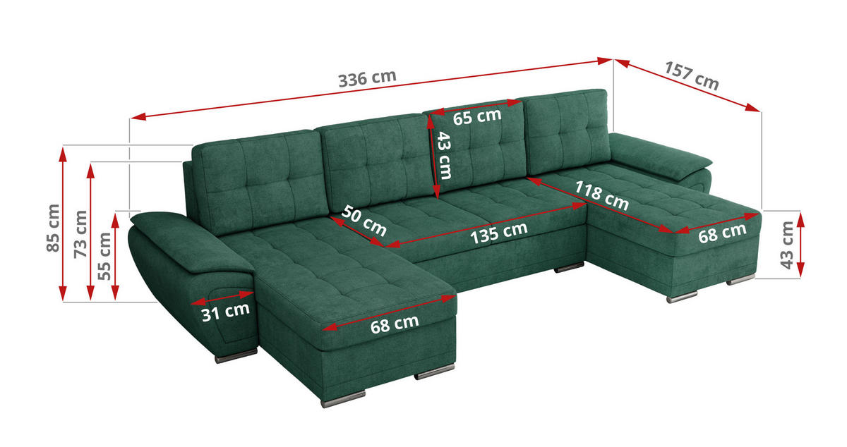 WOHNLANDSCHAFT UMBRIA U Grün Stukture - Grau/Grün, Textil/Metall (336/85/157cm) - MKS