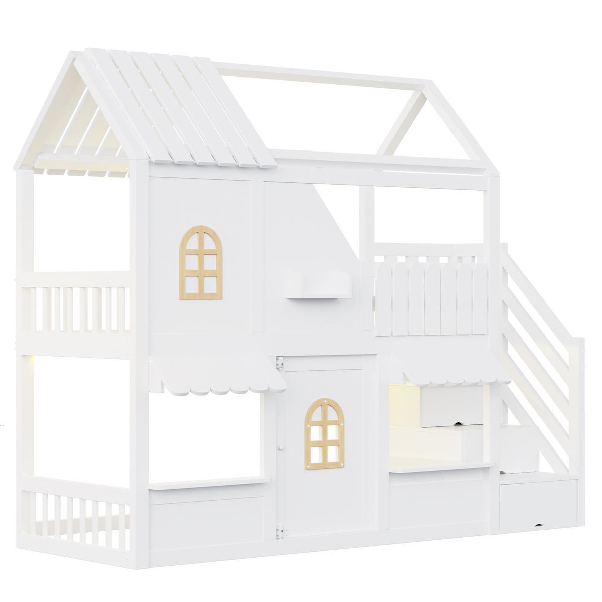 KINDER-ETAGENBETT 90 x 200 cm mit Dach, Leiter und LED, Weiß - Weiß, Holz (90/200cm) - FLIEKS
