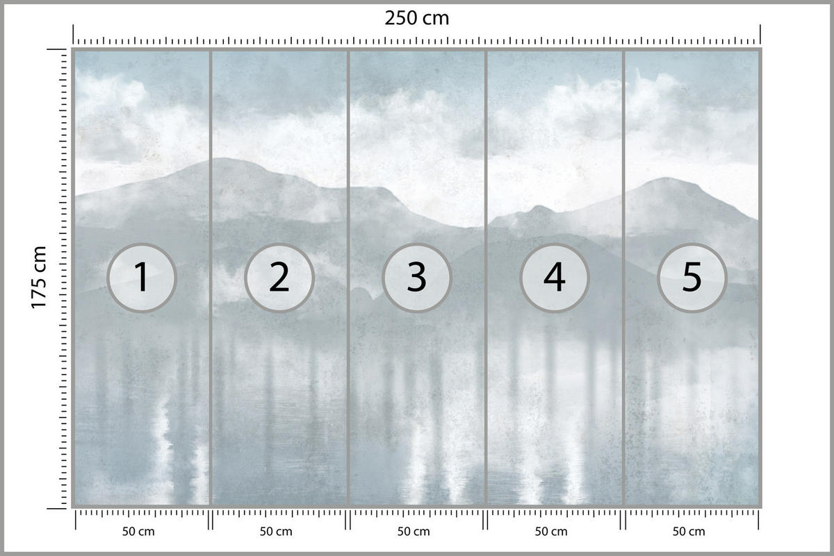 FOTOTAPETE für Schlafzimmer Blaue Berglandschaft Nebel Modern Vintage Himmel 250x175 - Grau, Papier (250/175cm) - Muralo