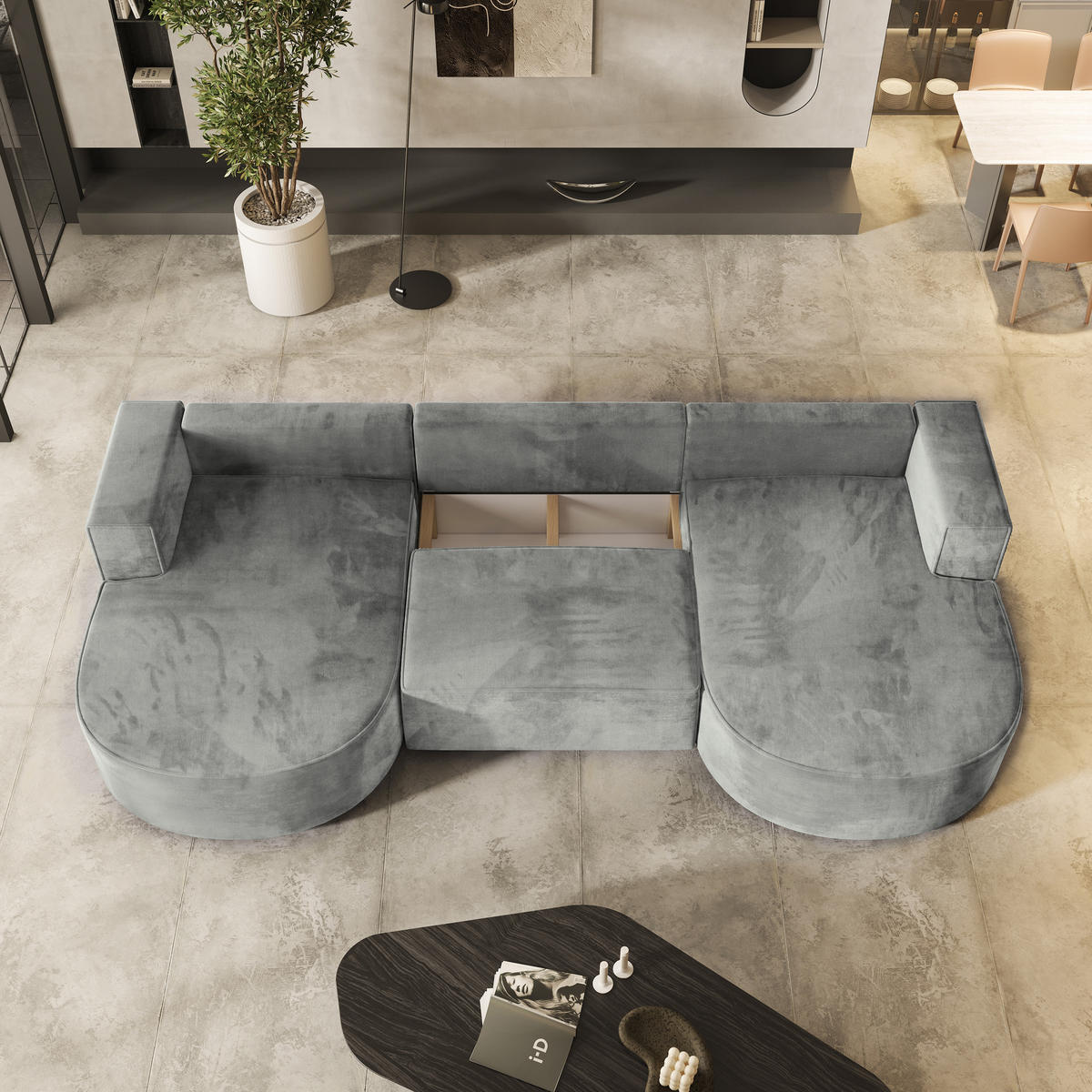WOHNLANDSCHAFT VEZZO M Schwarz Velours-Stoff mit Schlaffunktion - Schwarz, Holz (347/85/174cm) - MASSENO
