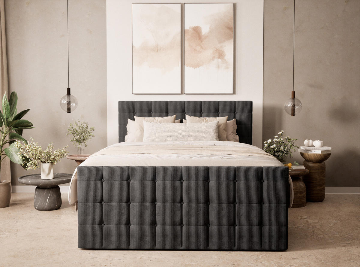 BOXSPRINGBETT Tasca 140/200 cm, in Graphit, Bettkasten, Matratze, Topper - Schwarz/Graphitfarben, Holz/Holzwerkstoff (140/200cm) - Maison de Reve