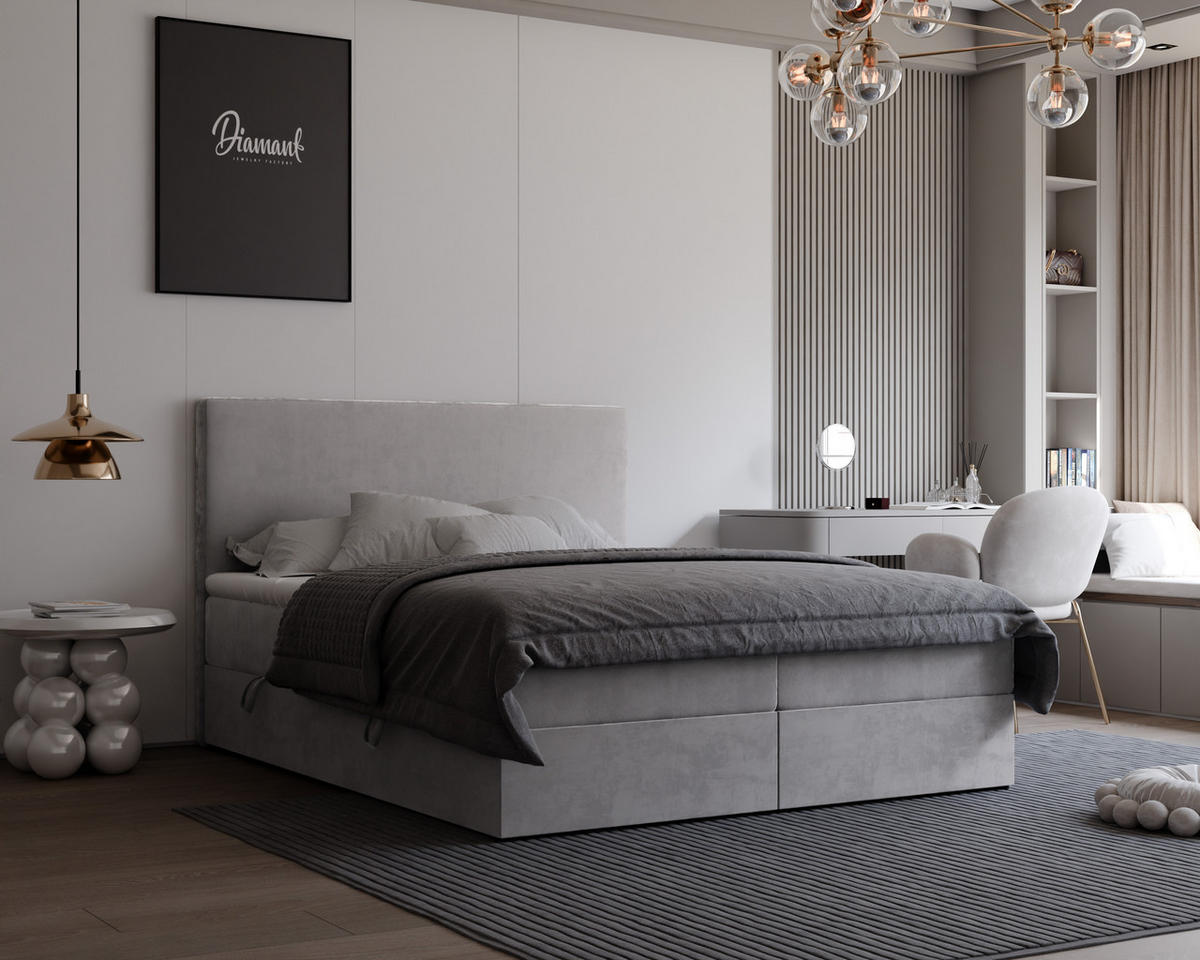 BOXBETT GIULIA 160/200 cm mit Matratze und Topper, Grau - Grau, Textil (160/200cm) - Idohome