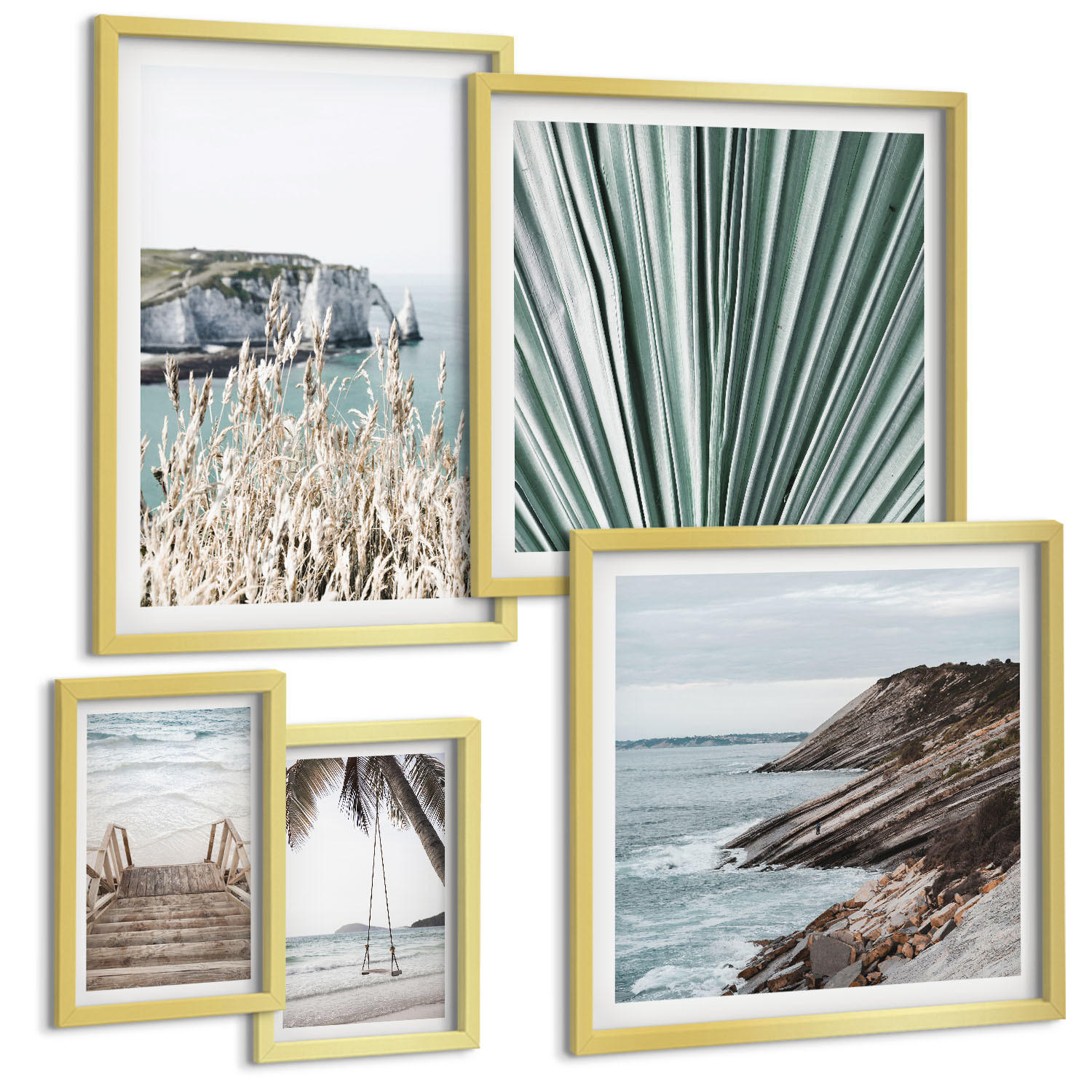 BILDER SET 5er Set - 50x50 cm & 20x30 cm & 40x60 cm Goldrahmen - Strandtreppe Schaukel Meer - Goldfarben, Kunststoff (40/60cm) - TULUP
