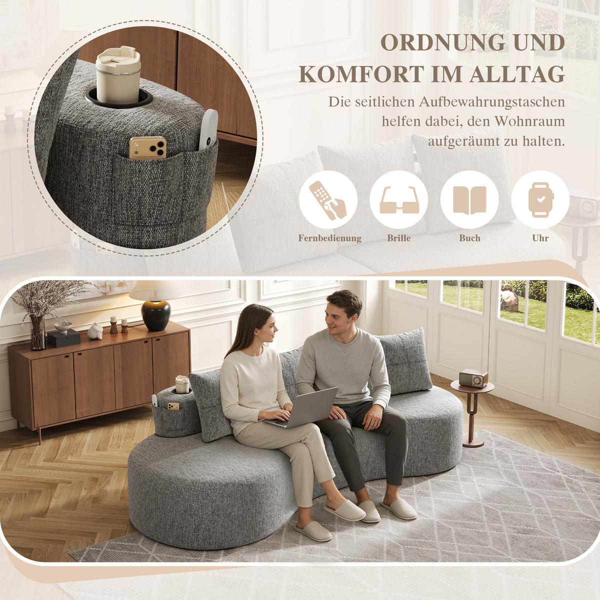 3-SITZER SOFA leinenstoff farbwahl mit getränkehalter & seitentaschen - Hellgrau, Textil (240/63/109cm) - Urban Meuble