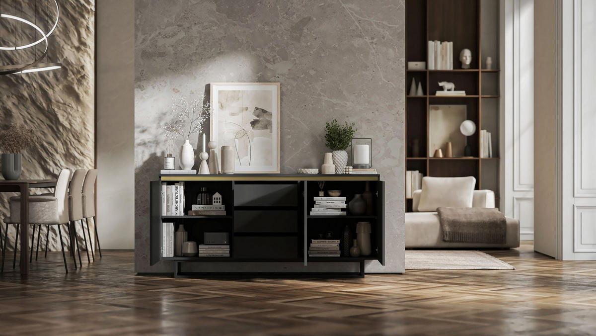 KOMMODE Selene 3D Schwarz Matt mit metallrahmen Glamour 167 cm - Schwarz, Holzwerkstoff/Metall (167/79/35cm) - Meble Lindner
