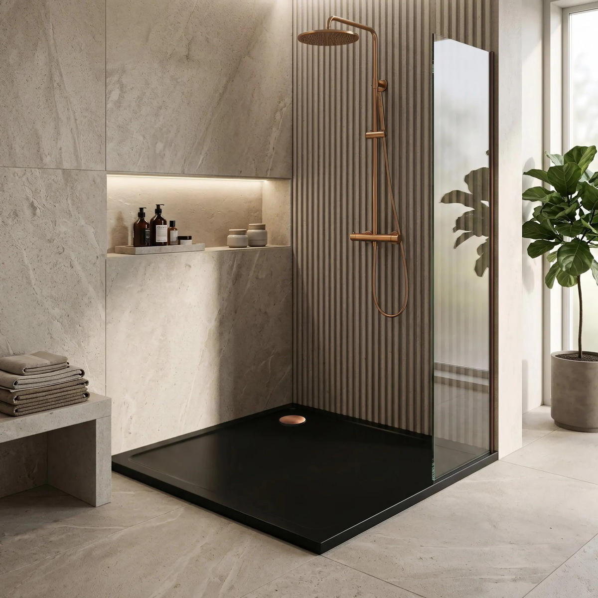 ACRYL Duschwanne Rea Savoy Black 80x80 Gebürstete Gold Abdeckung - Schwarz, Keramik (80/6/80cm) - REA