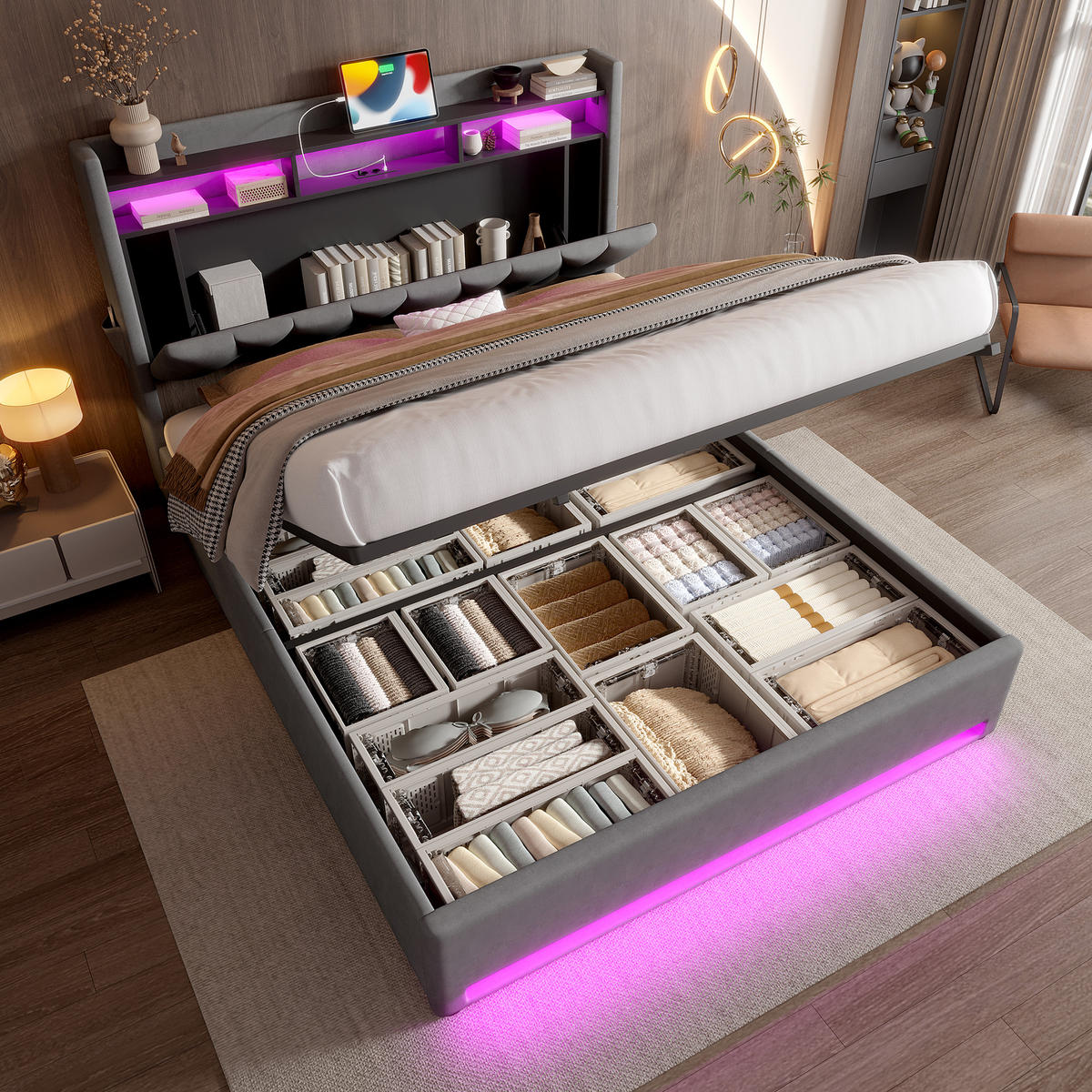 POLSTERBETT 140x200 cm LED USB Stauraum grau - Dunkelgrau, Textil (140/200cm) - LEBENLANG