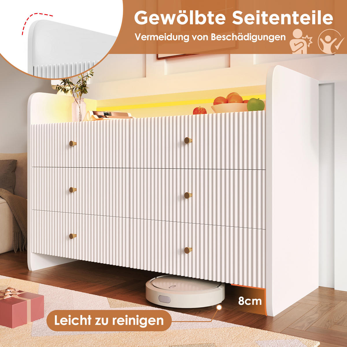 KOMMODE mit 6 Schubladen und LED-Beleuchtung, 120 x 40 x 75 cm, Weiß, Spanplatte - Weiß, Holzwerkstoff (120/75/40cm) - SONNENH