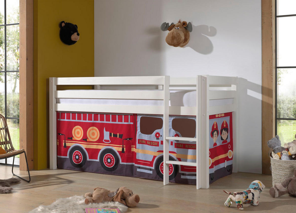 KINDERBETT Karolina 210x114x106 Massivholz Weiß Textilset Feuerwehr - Weiß/Dunkelrot, Holz (90/200cm) - 58aufmkessel