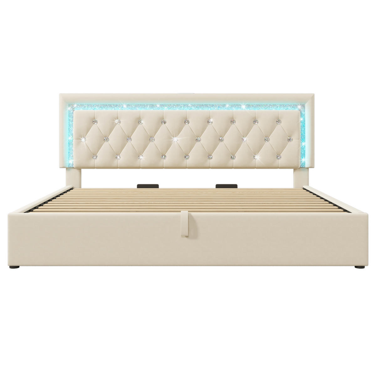 POLSTERBETT 180/200 cm Beige aus Samt mit LED-Beleuchtung und Stauraum - Beige, Textil (180/200cm) - OKWISH