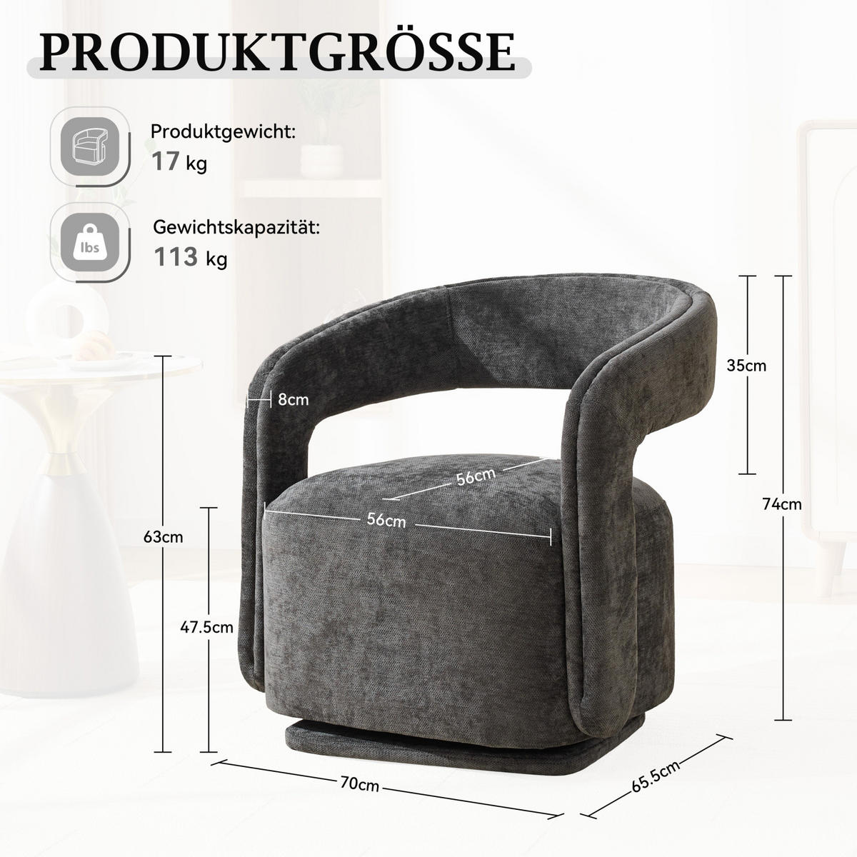 SESSEL,360 Grad Drehsessel Grau, Wohnzimmer Loungesessel - Grau, Textil (70/74/65cm) - PARAFTA HOME