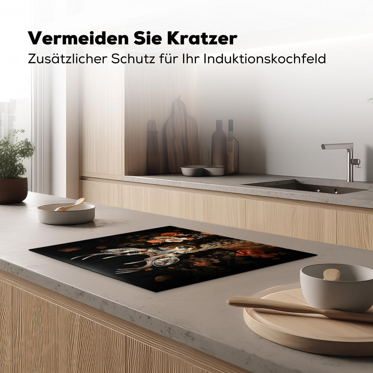 HERDABDECKPLATTE Hirsch - Tier - Blumen - Natur - Botanisch Herdabdeckung Induktionsfeld 65x52 cm - Kupferfarben, Kunststoff (65/52/0.2cm) - MuchoWow