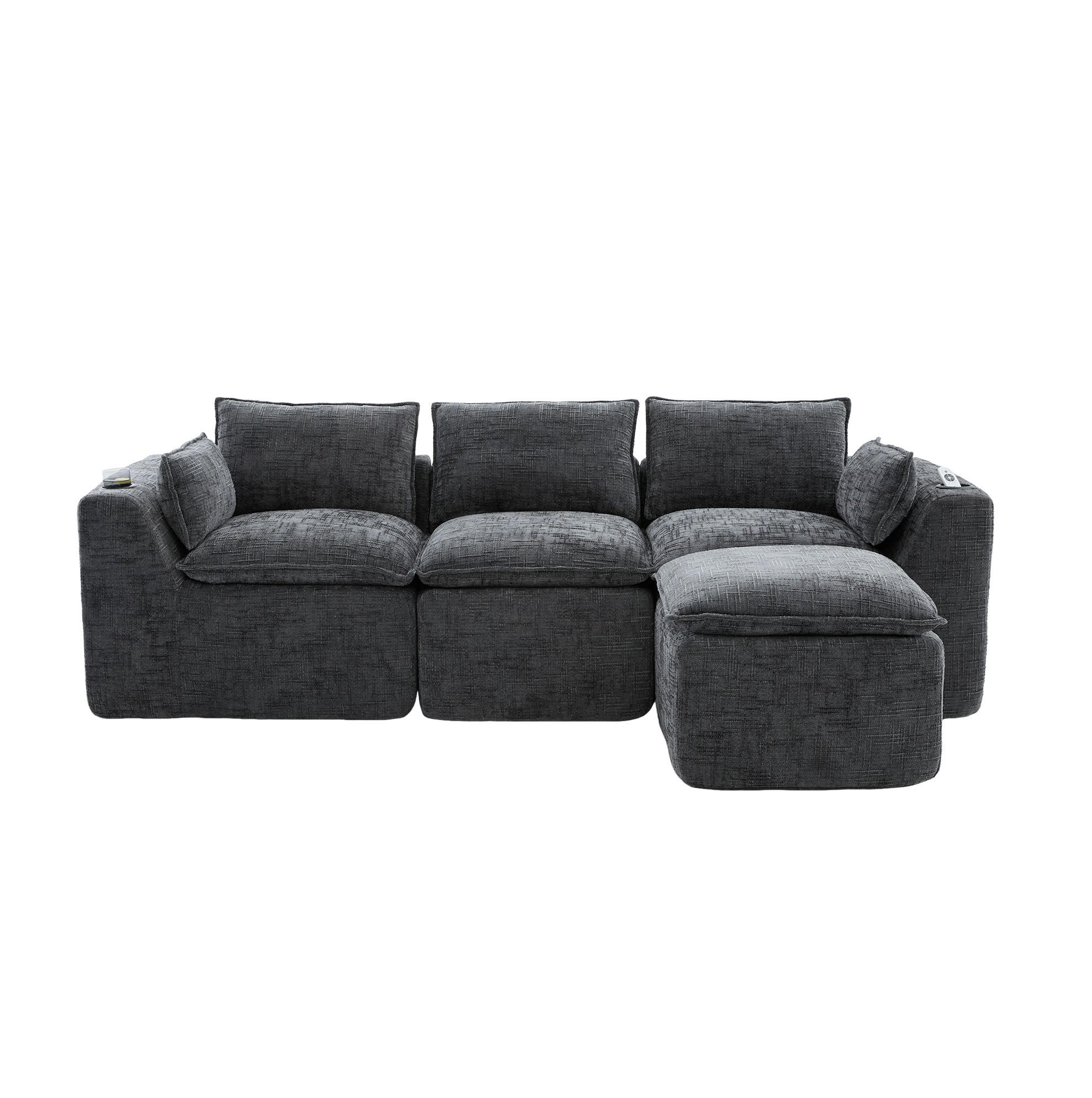 ECKSOFA 256/161/75 cm dunkelgrau aus Chenille mit Kissen und Seitentaschen - Dunkelgrau, Textil (161/256cm) - OKWISH