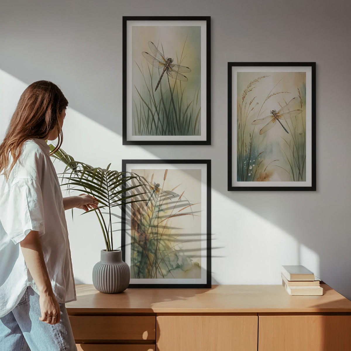 WANDBILDER 3er-Set - 40x60 cm Schwarzer Rahmen - Libellengräser über dem Wasser - Schwarz, Kunststoff (40/60cm) - ArtPrintCave