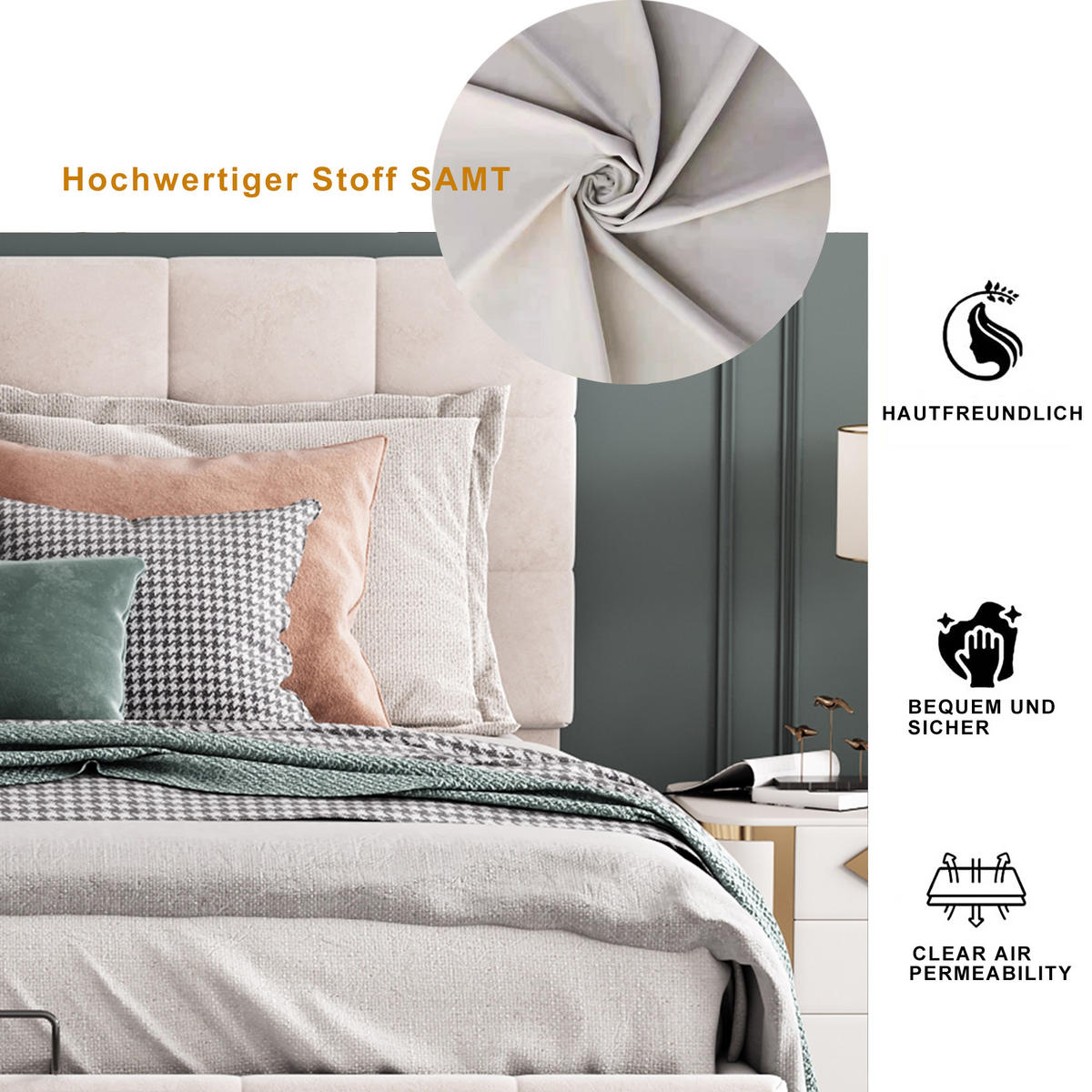 POLSTERBETT 140/200 cm Cremeweiß mit Stauraum aus Samt mit hydraulischem Bettkasten - Weiß, Textil (140/200cm) - OKWISH