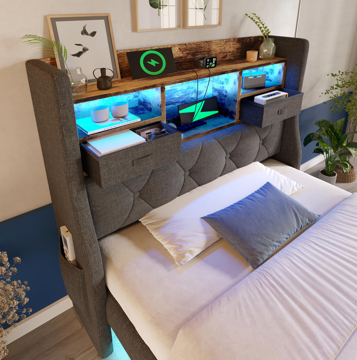 BETT mit LED und Ladestation 90x200 cm Leinen Grau - Grau, Holz (90/200cm) - Meubliv